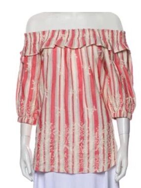 🟢 MISA Los Angeles Coral Grey & White Stripe Embroidered Off Shoulder Top